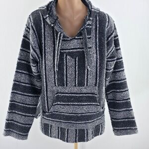 Unbranded Baja Hoodie Mens Large Gray‎ Navy Striped Jerga Pullover Casual Pocket